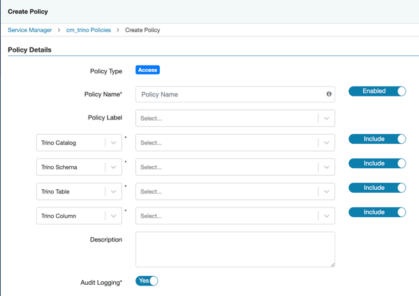 Ranger Trino Service Create Policy page