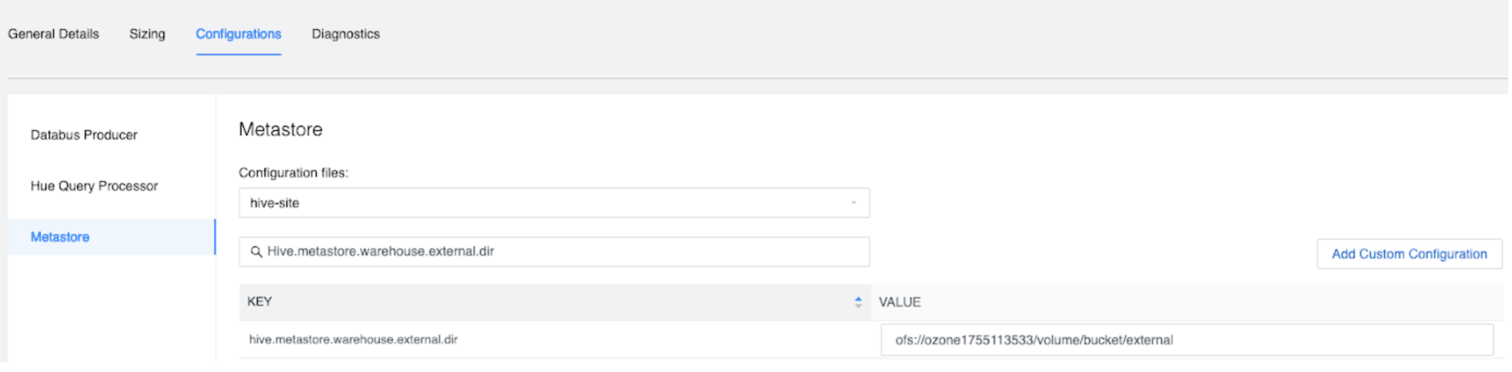 Screenshot of Database Catalog Details page showing metastore properties where you can configure the path for enabling Cloudera Data Warehouse to use the Ozone filesystem.