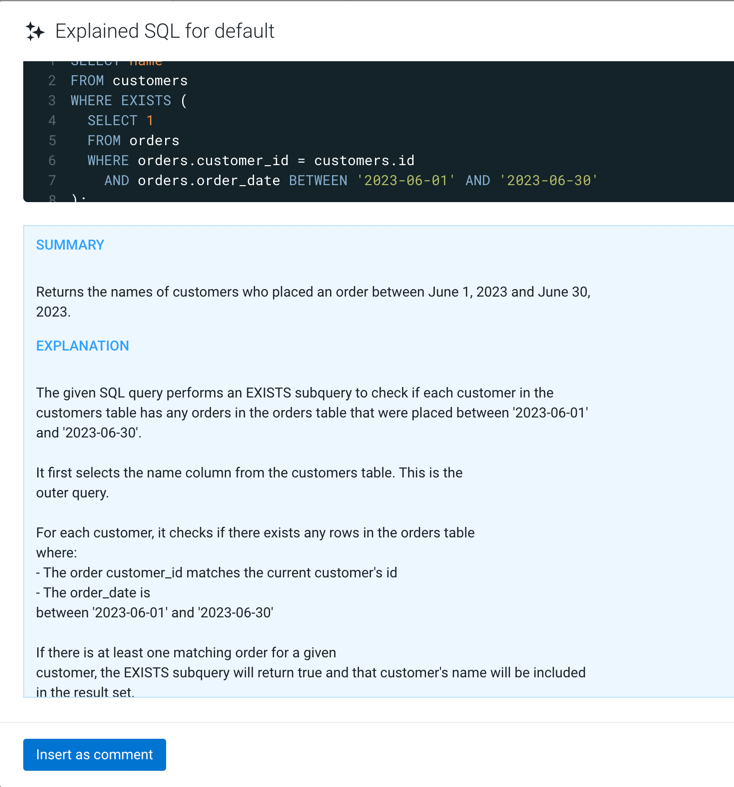 Screenshot showing the explanation of a SQL query in natural language using the SQL AI Assistant in Data Explorer.