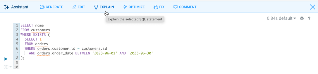 Screenshot showing how to generate an explanation of a SQL query in natural language using the SQL AI Assistant in Data Explorer.