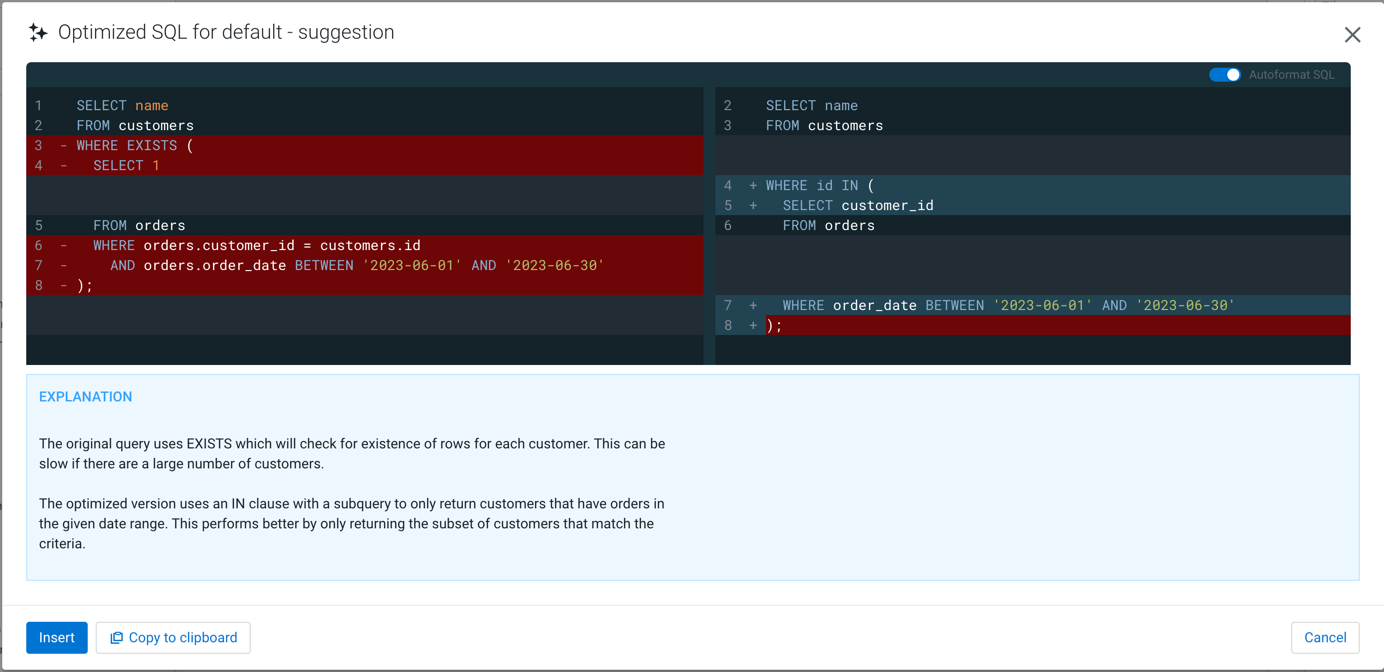 Screenshot showing the original and the optimized SQL query generated using SQL AI Assistant in Data Explorer along with an explanation.