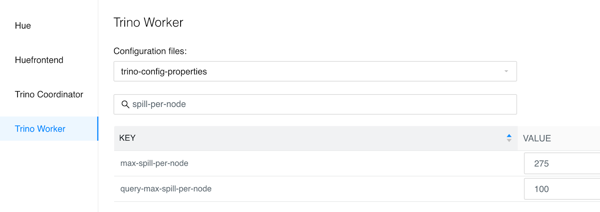Configuration settings for Trino spill memory performance.