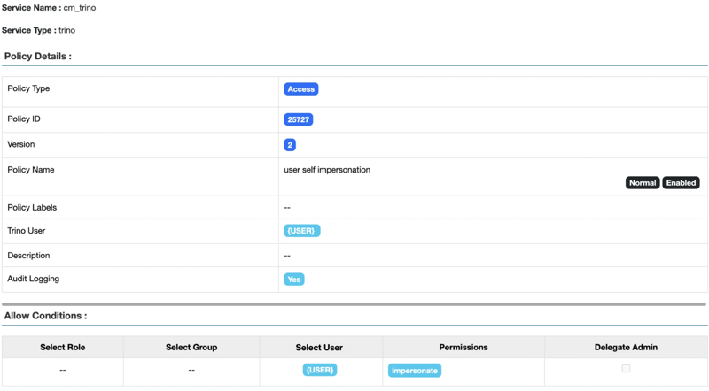 User self-impersonation policy for Ranger Trino authorization service