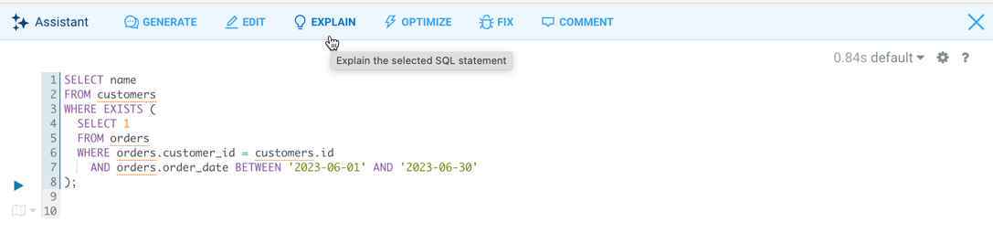 Screenshot showing how to generate an explanation of a SQL query in natural language using the SQL AI Assistant in Hue.