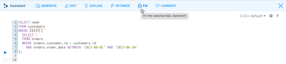 Screenshot showing how to use the SQL AI Assistant in Hue to fix a SQL query.
