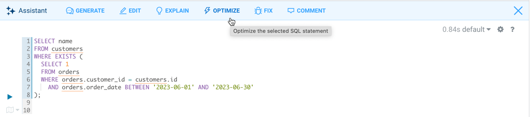 Screenshot showing how to use the SQL AI Assistant in Hue to optimize a SQL query.