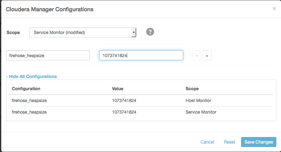 Sample image of Cloudera Manager Configurations modal screen