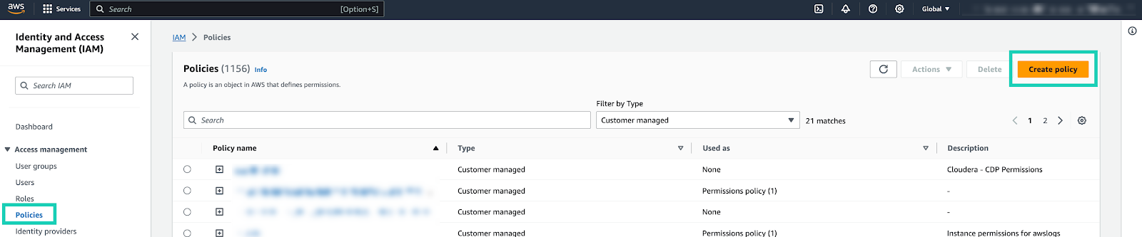 IAM user interface, indicating Policies tab and Create policy button