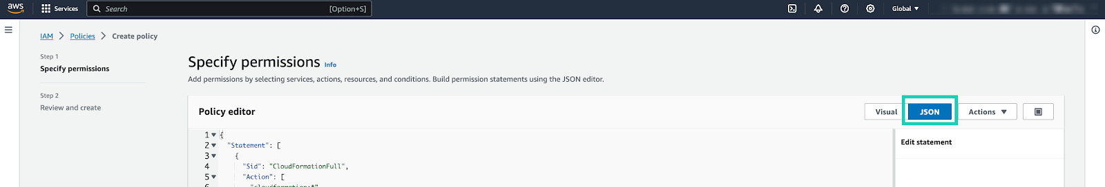 IAM user interface, Specify permissions page, indicating JSON tab