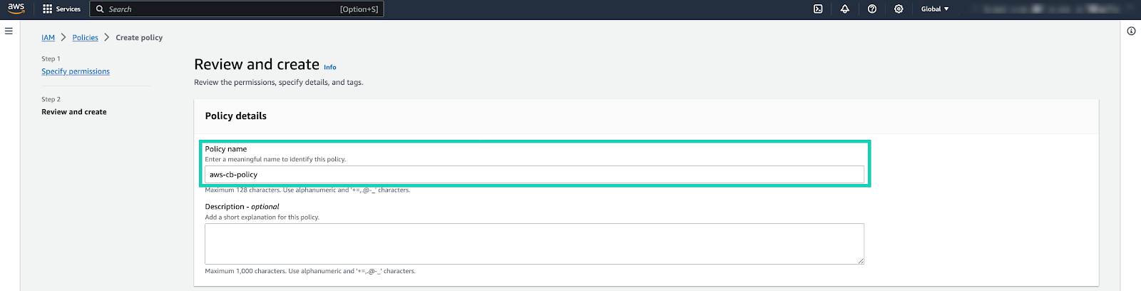 Name field on the Review policy page