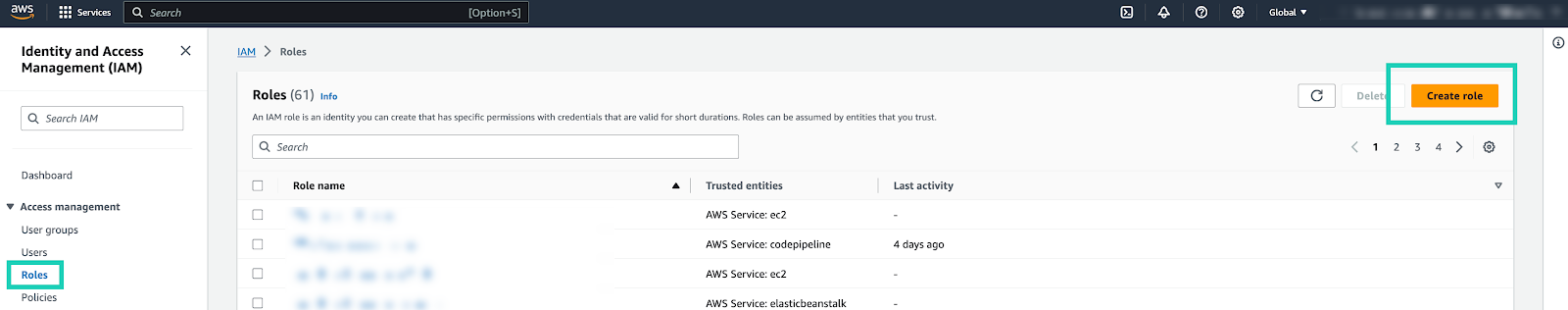 IAM user interface, Roles page, indicating Create role button