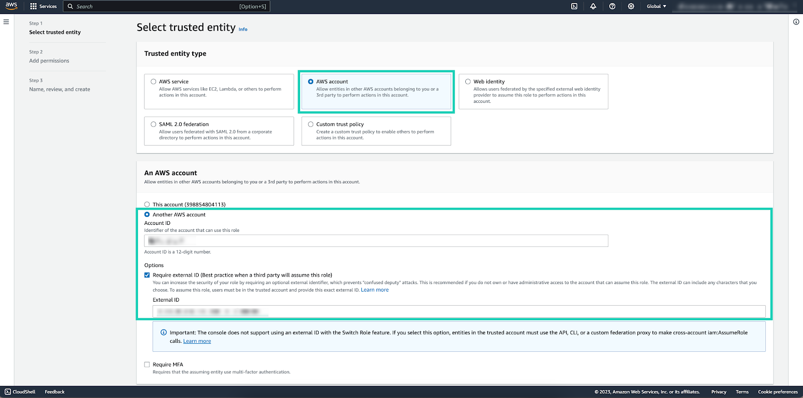 AWS user interface, Select trusted entity page, indicating AWS account and roles