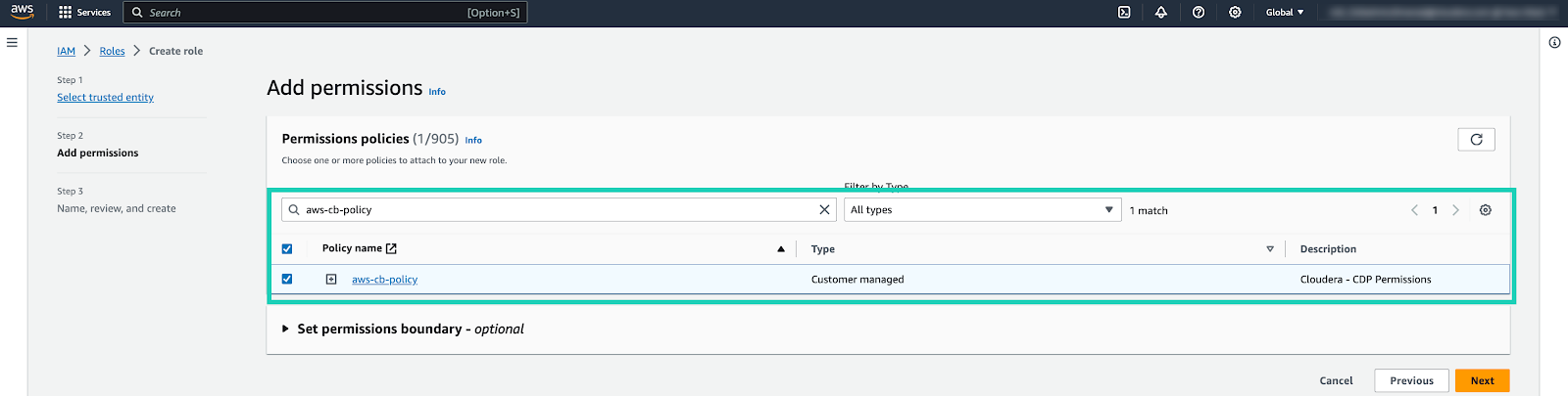IAM user interface, Add permissions page, indicating role permission policies
