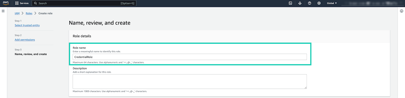 IAM user interface, Name, review and create page, indicating the role name field