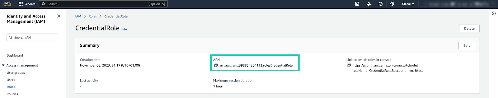 IAM user interface, Credential Role page, indicating role ARN