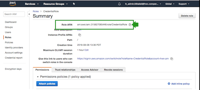 AWS user interface, Roles tab, Summary page, indicating the Role ARN
