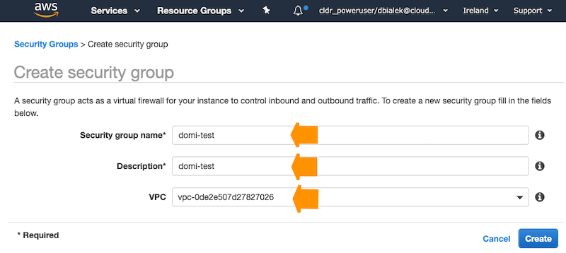 Create security group screen including Security group name, Description, and VPC parameters