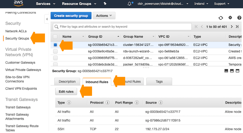 Security group rules on the AWS console Security Groups tab