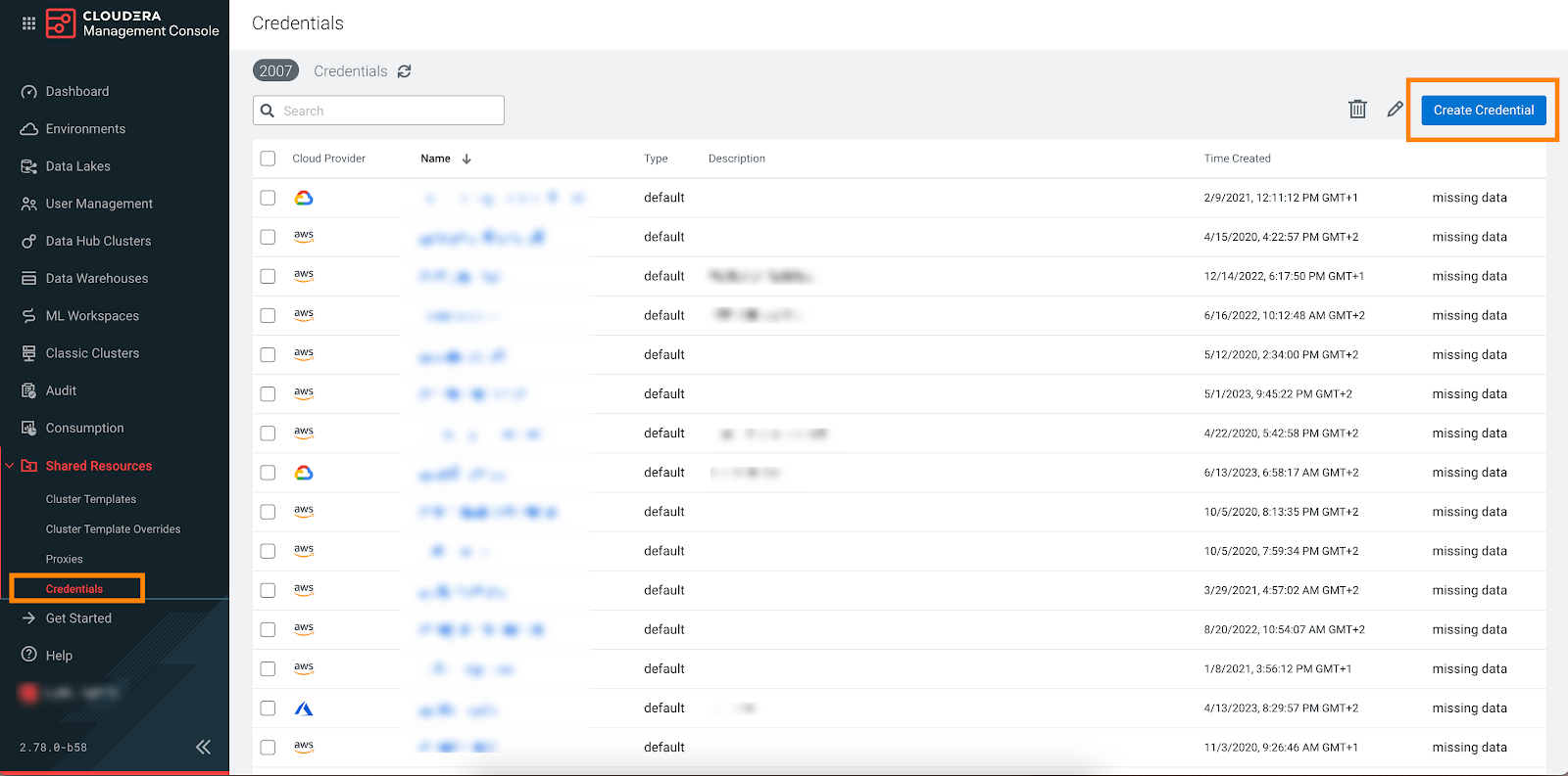 Cloudera Management Console - Create Credential