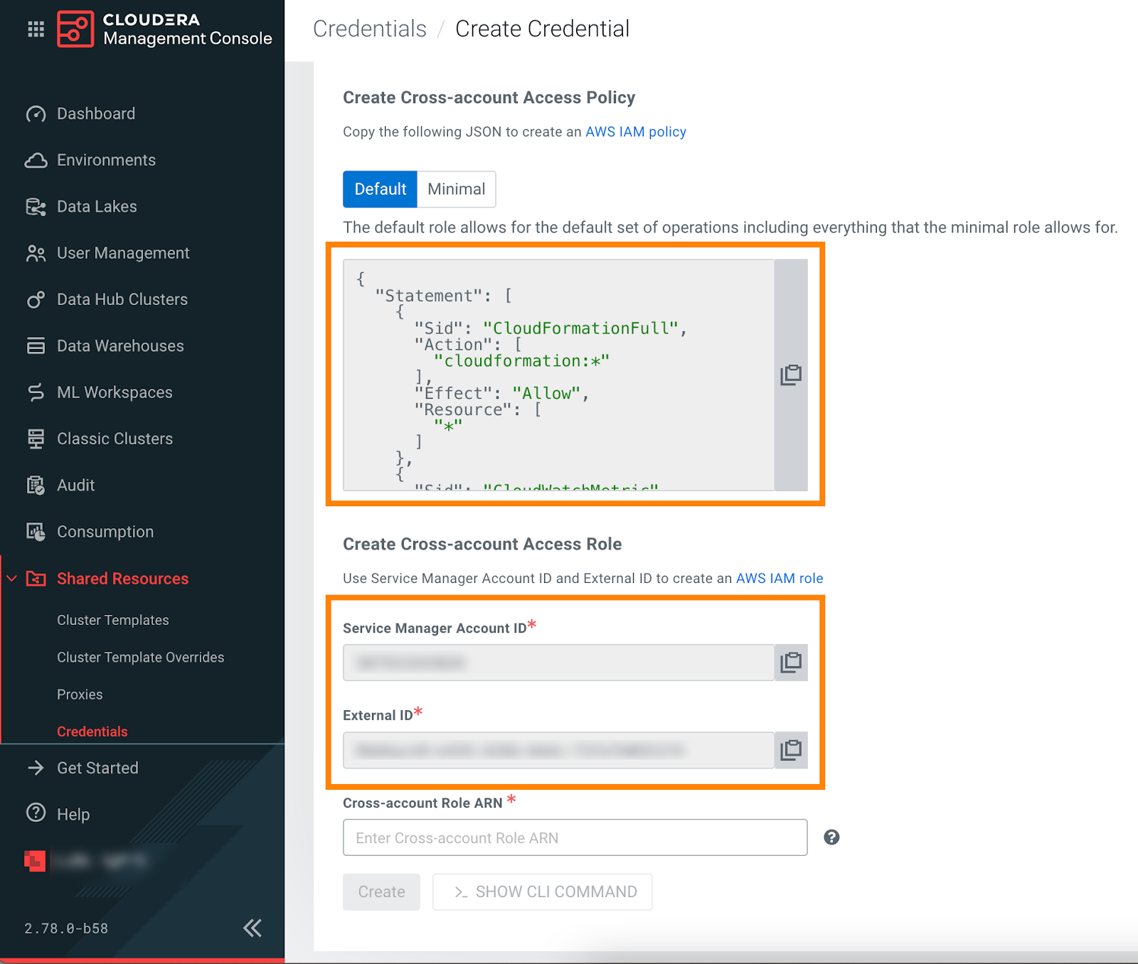 Copy Cross-account Access Policy, Account ID, and External ID