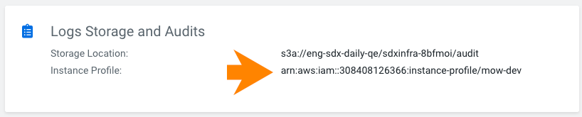 Role name appears in the ARN on the Logs, Storage, and Audits page