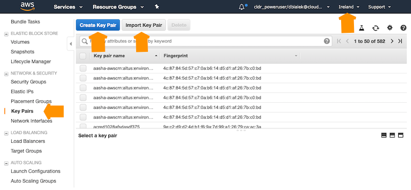AWS user interface, Key Pairs tab indicating Create Key Pair and Import Key Pair buttons