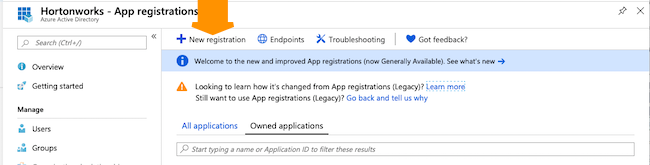Azure portal user interface, indicating the New Registration button
