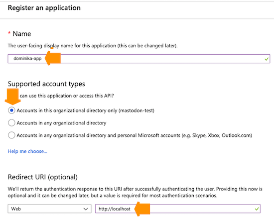 Register an applucation user interface, indicating the application name, the supported account type, and the optional redirect URI
