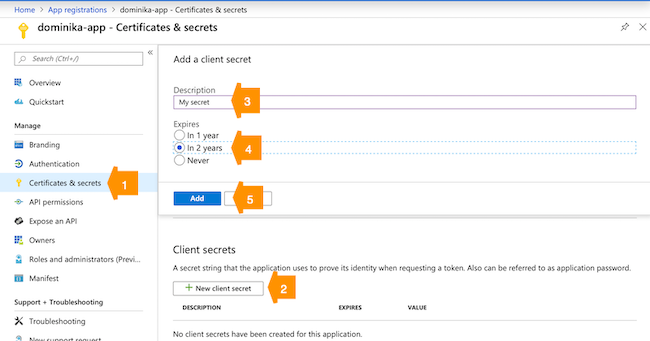 Client user interface indicating new client secret description, expiration date, and Add button