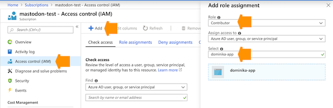 Access control user interface indicating Role and application name Select