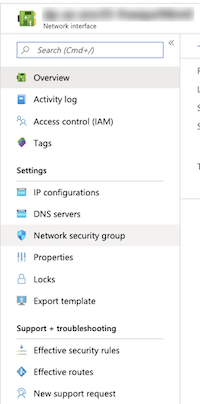 Azure portal Network Interface page, Settings menu, indiacting Network security group item