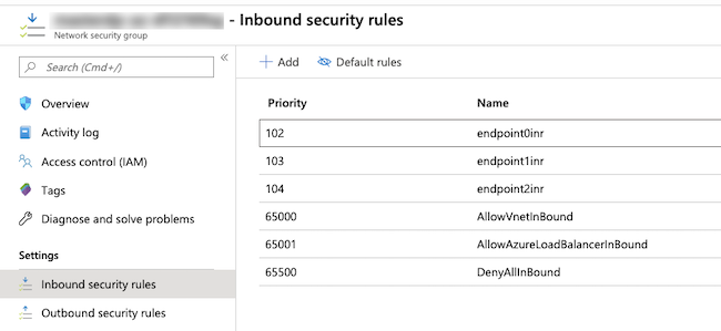 Azure portal Network Security Group page, Inbound security rules section