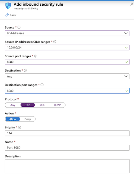 Azure portal Inbound security rule page, adding new rule