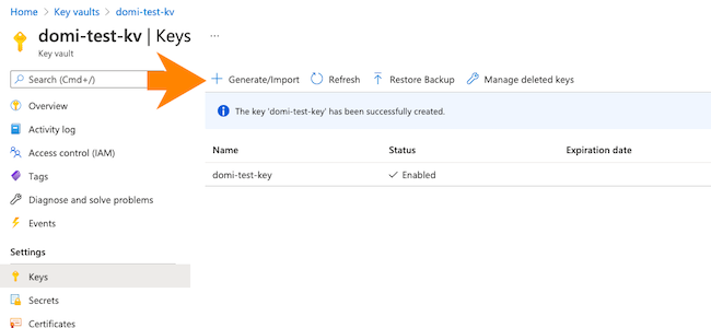 Vault key user interface, indicating Generate/Import button