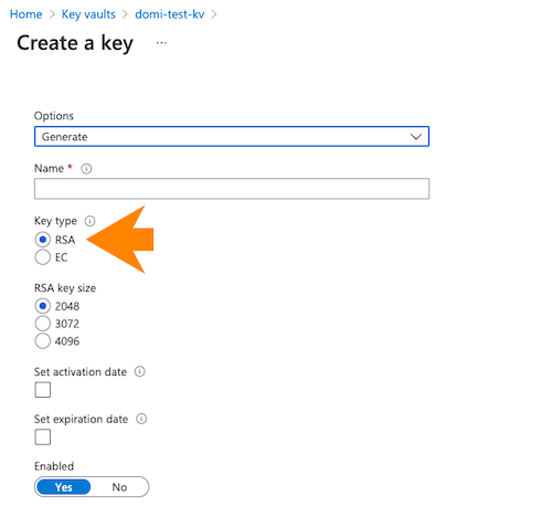 Key user interface indicating key name and key type