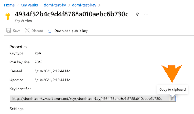 Key user interface indicating key identifier and copy button