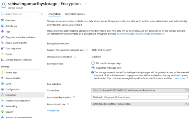Azure storage account user interface indicating the Encryption section