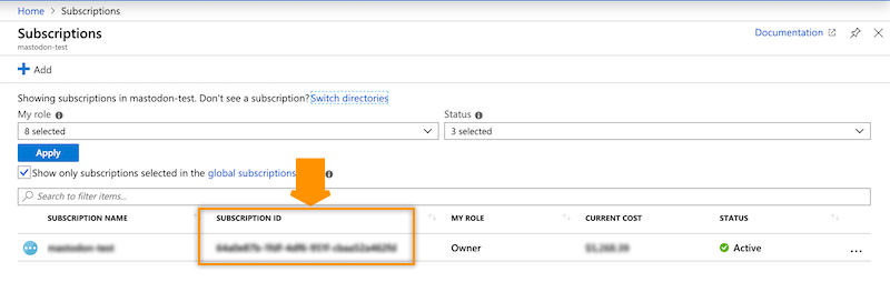 Azure user interface, Subscription screen, indicating the Subscription ID