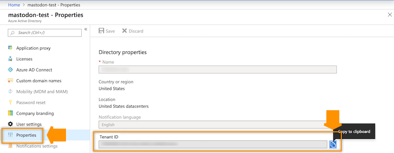 Azure user interface, Properties tab, indicating the Tenant ID