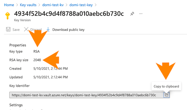 Vault key user interface indicating RSA size and key identifier