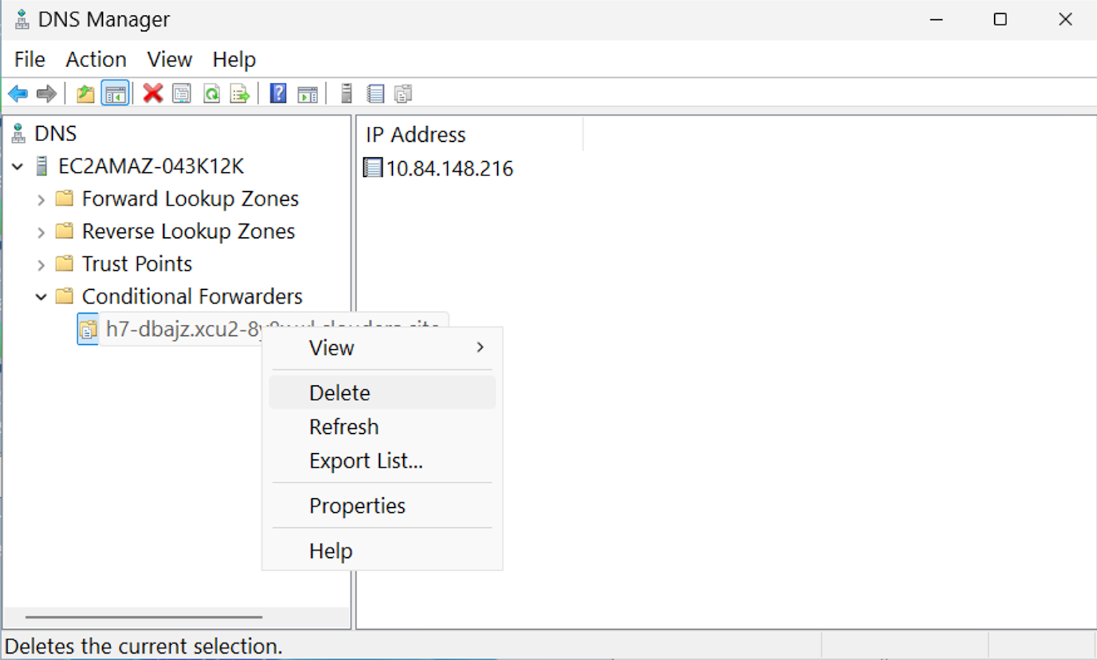 Windows Server 2025 user interface, DNS Manager window, Conditional Forwarders selected