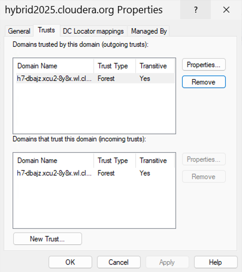Windows Server 2025 user interface, Active Directory Domains and Trusts window, Trusts tab, FreeIPA domain selected