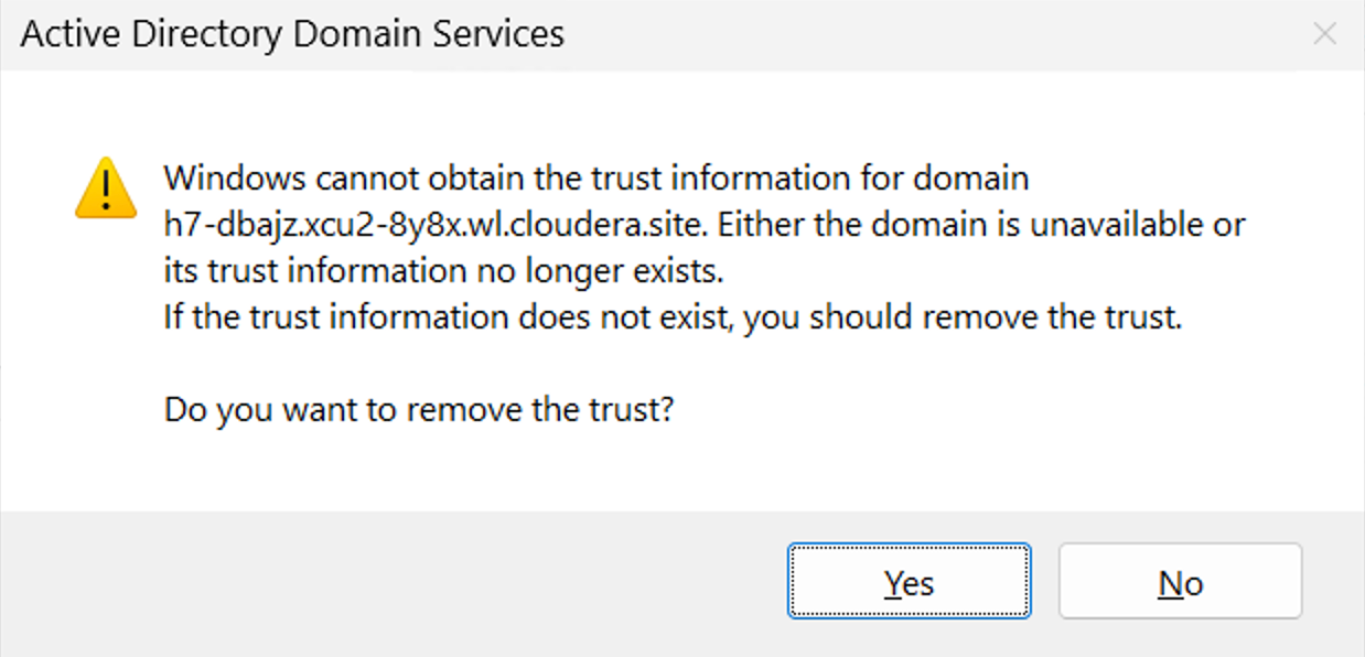 Windows Server 2025 user interface, Active Directory Domain Services modal window, confirm inactive trust information removal