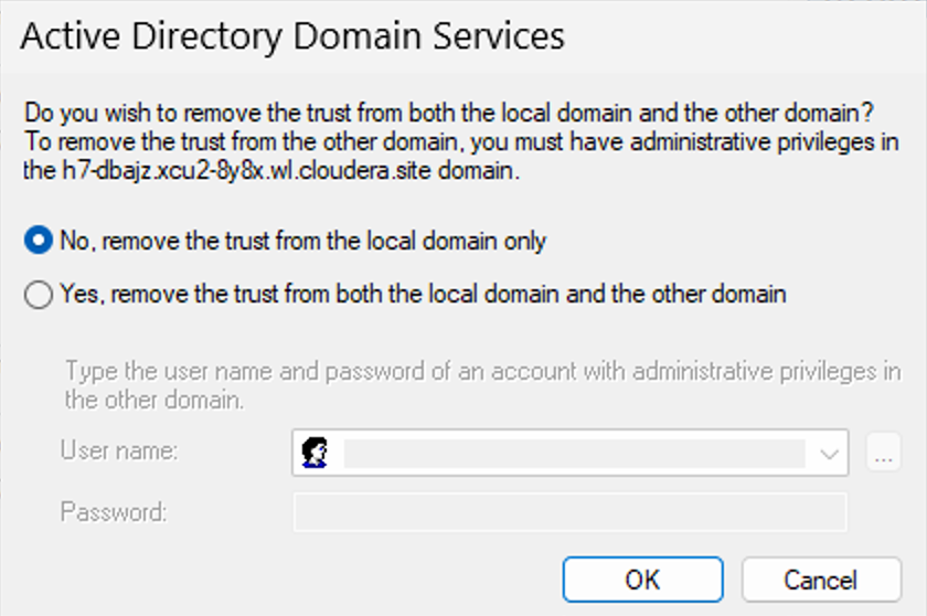 Windows Server 2025 user interface, Active Directory Doman Services modal window, confirm active trust information removal