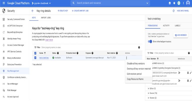 GCP user interface, Key screen, indicating key resource name