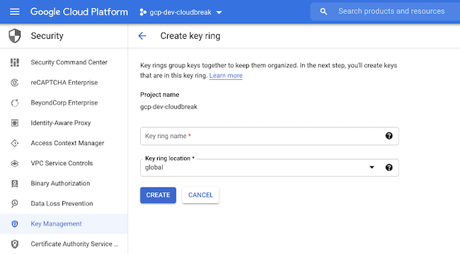 GCP user interface, Create key ring screen, indicating Project name, Key ring location, and Create button
