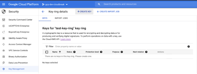 GCP user interface, Keys for project key ring screen, indicating + Create Key button