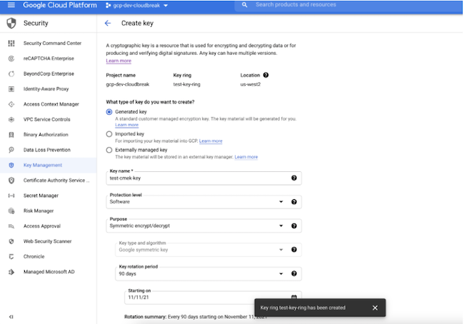GCP user interface, Create key screen, displaying key name, key type, protection level, purpose, rotation period, and starting on fields, indicating Create button