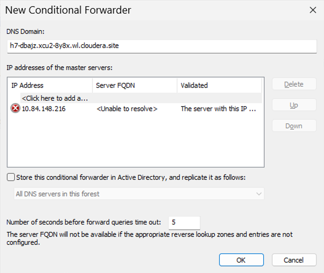 Windows Server 2025 user interface, DNS Manager window, New Conditional Forwarders dialog box; input fields for DNS Domain and master servers IP addresses