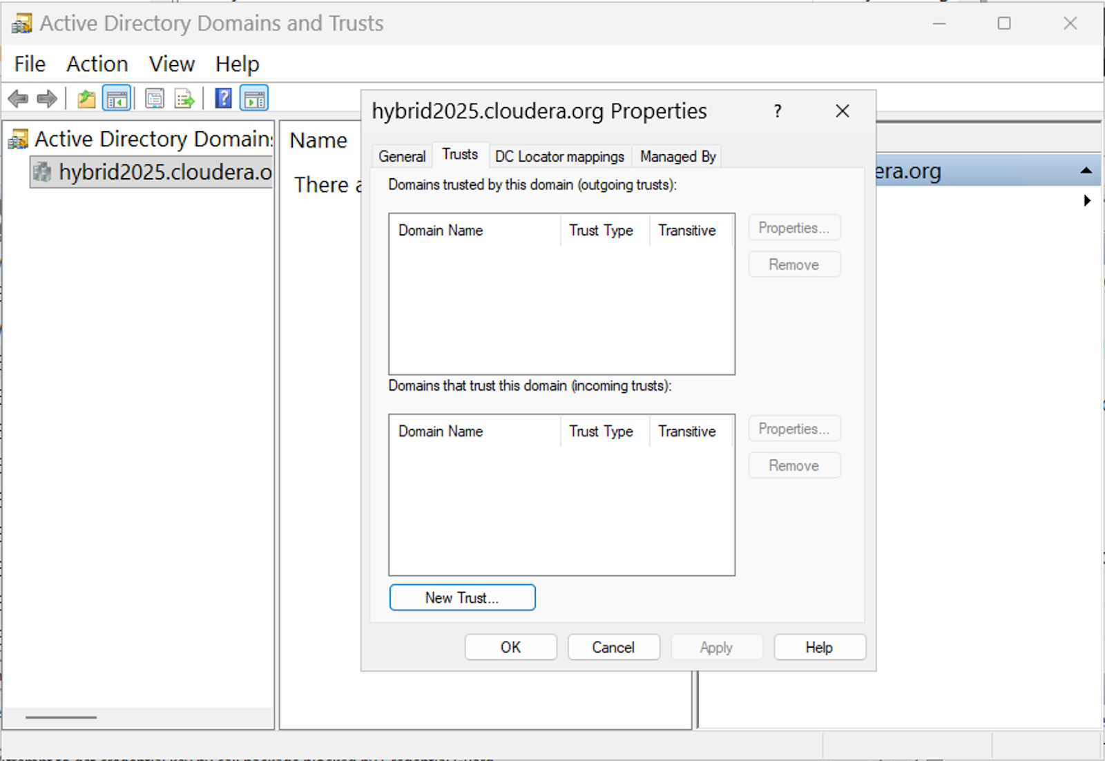 Windows Server 2025 user interface, Active Directory Domains and Trusts window; server selected